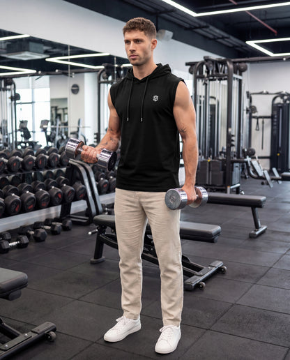 Men's Premium Black Sleeveless Hooded T-Shirt | Casual Slim Fit Gym & Streetwear Vest