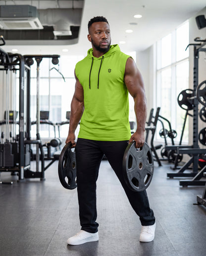 Men's Lime Green Sleeveless Hooded T-Shirt | Slim Fit Gym Wear & Activewear Vest