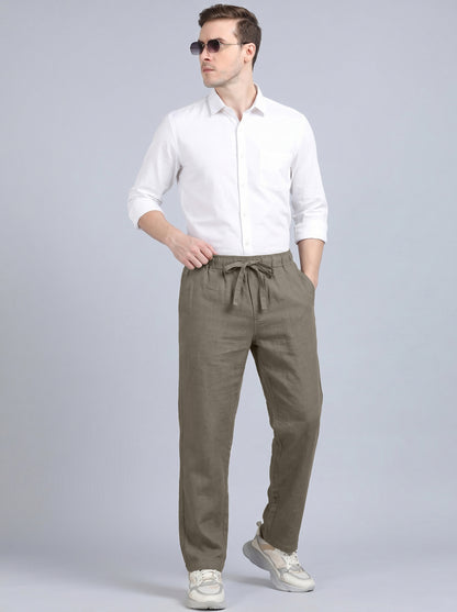 Men's Olive Green Casual Cotton Linen Trousers with Drawstring