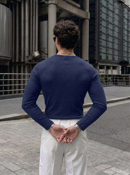 Men's Premium Navy Blue Ribbed Cotton Casual Open-Front Shirt
