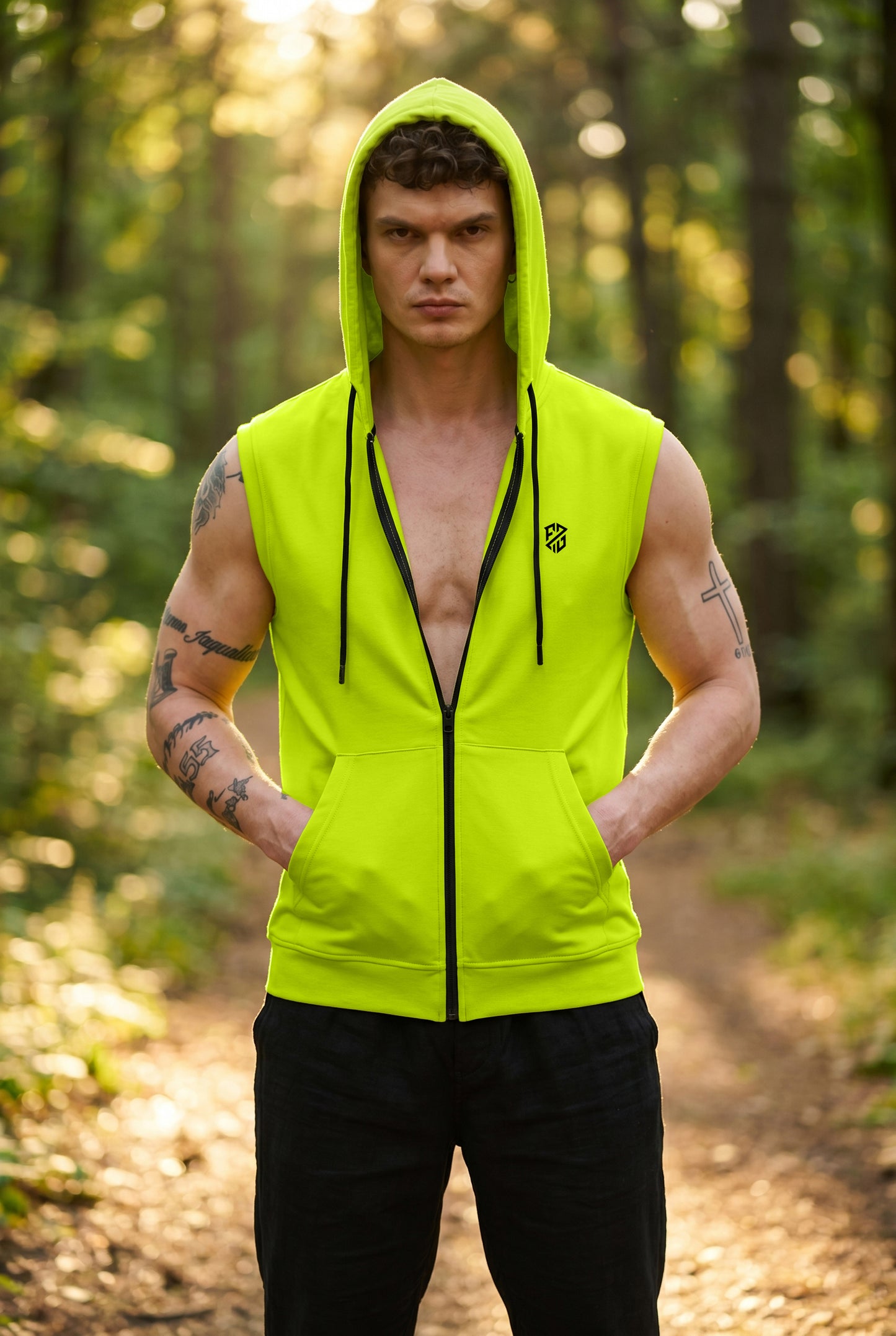 Men's Neon Green Sleeveless Zip-Up Hoodie | Casual Gym & Sportswear Vest
