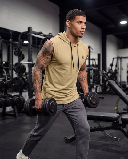 Men's Premium Beige Sleeveless Hooded T-Shirt | Slim Fit Khaki Gym & Streetwear Vest