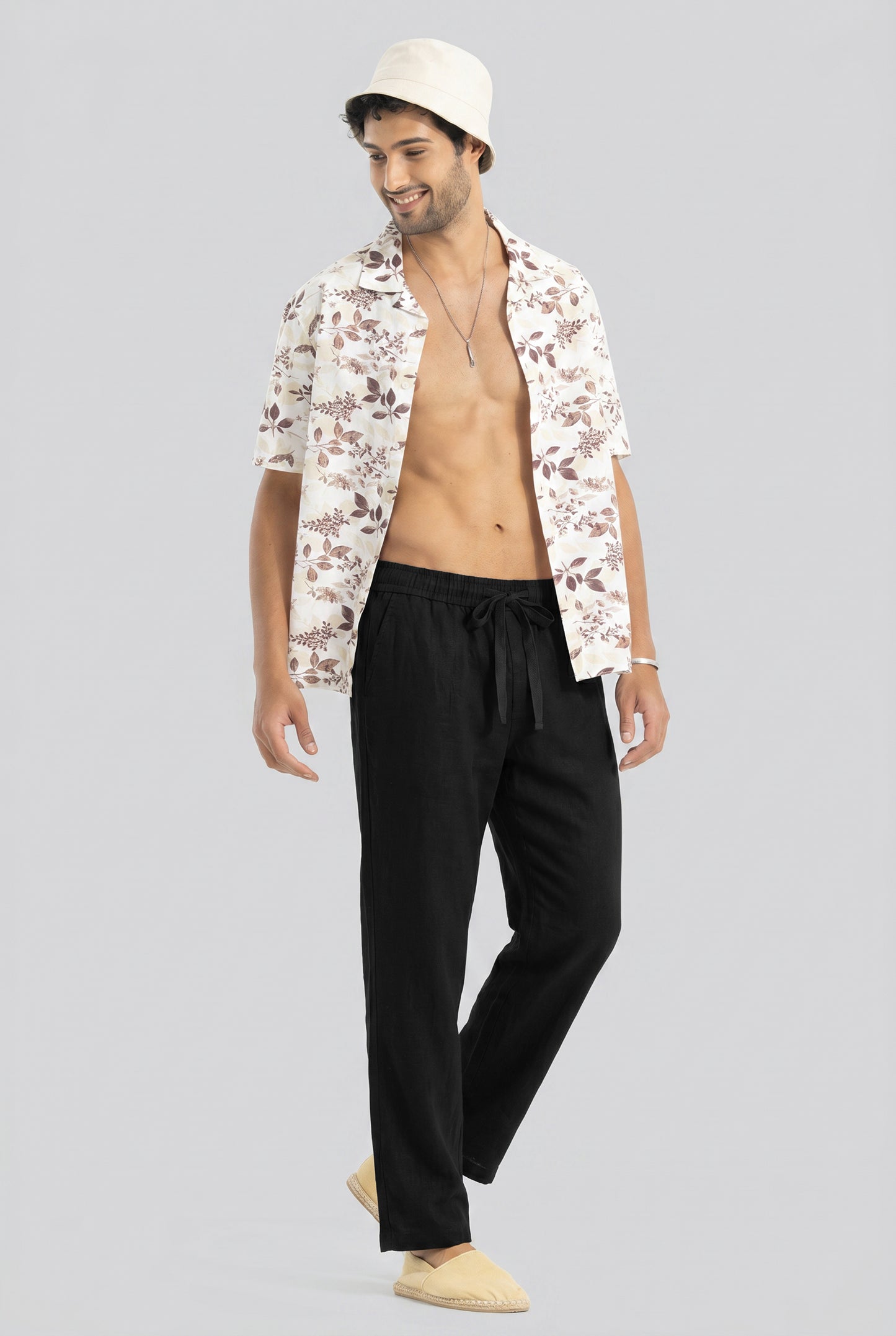 Men's Solid Black Casual Cotton Linen Trousers with Drawstring