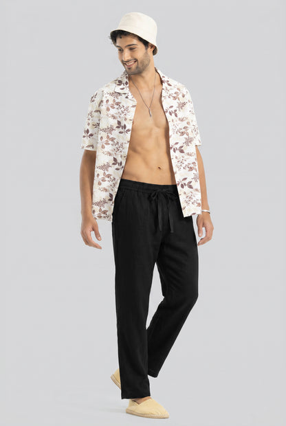 Men's Solid Black Casual Cotton Linen Trousers with Drawstring