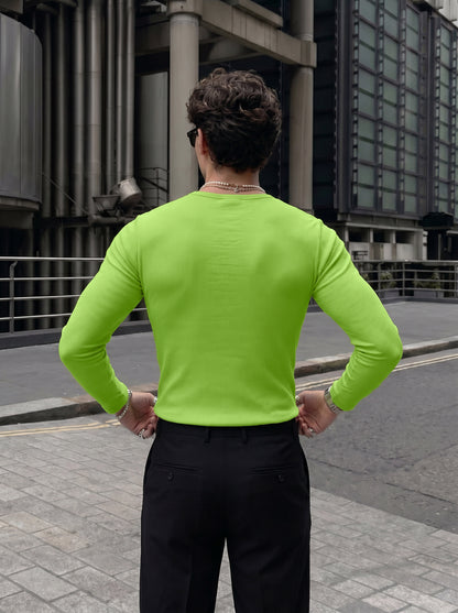 Men's Bold Neon Green Ribbed Button-Down Long-Sleeve Casual Shirt