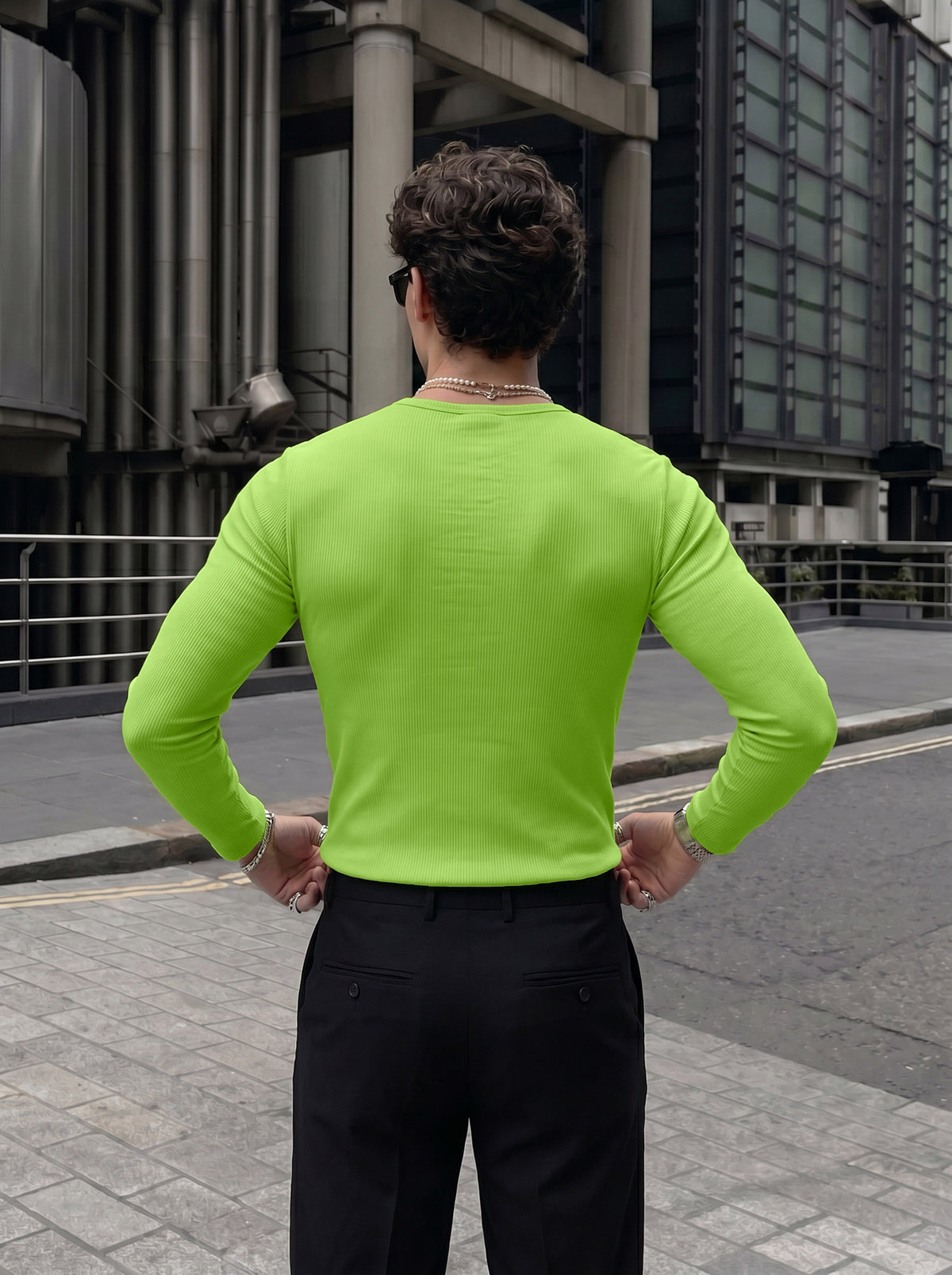 Men's Bold Neon Green Ribbed Button-Down Long-Sleeve Casual Shirt