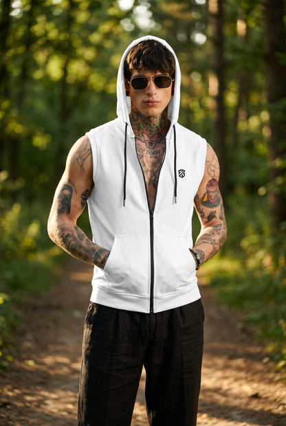 Men's White Sleeveless Zip-Up Hoodie | Casual Gym & Sportswear Vest