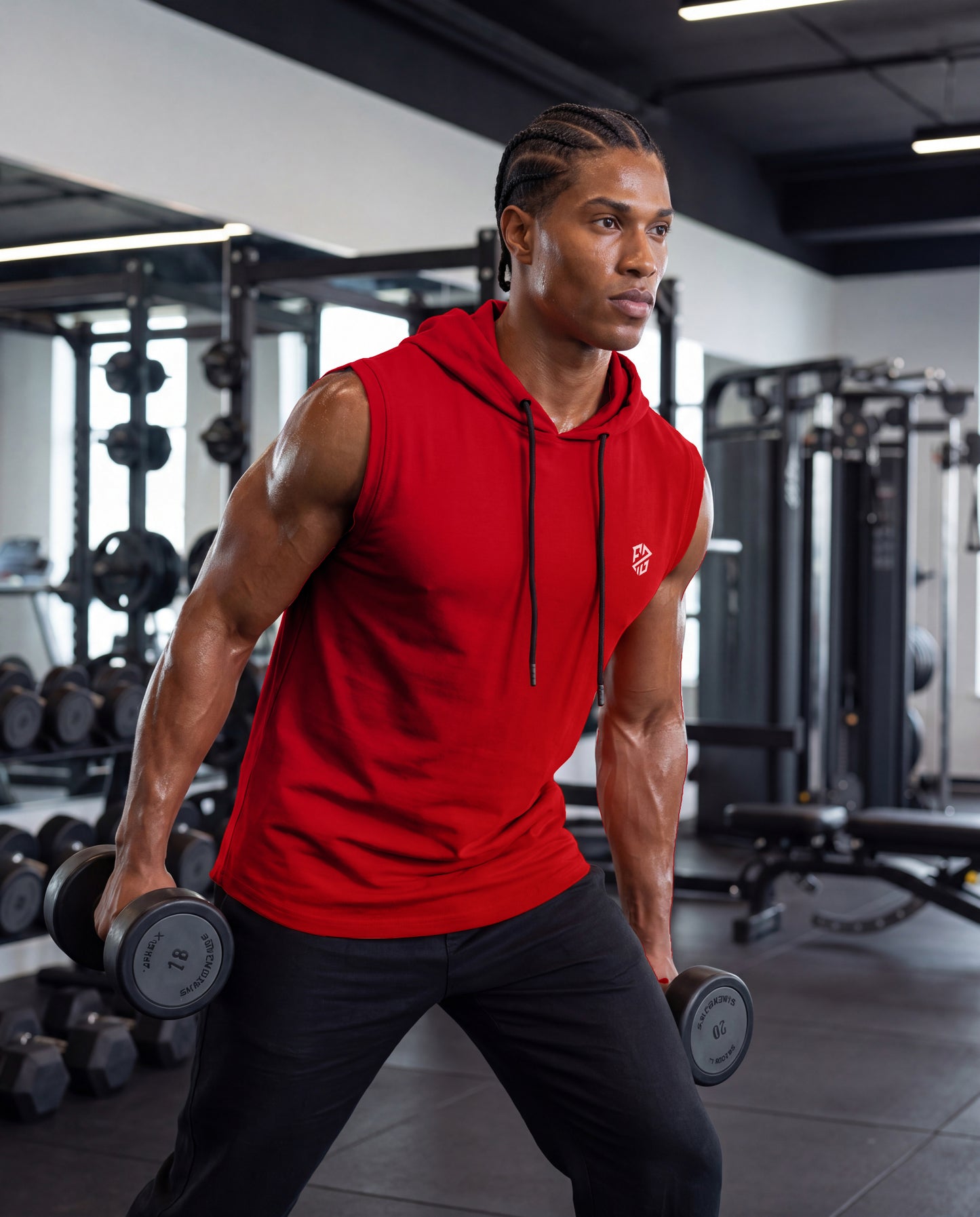 Men's Athletic Sleeveless Hoodie – Slim Fit Gym Tank Top (Crimson Red)