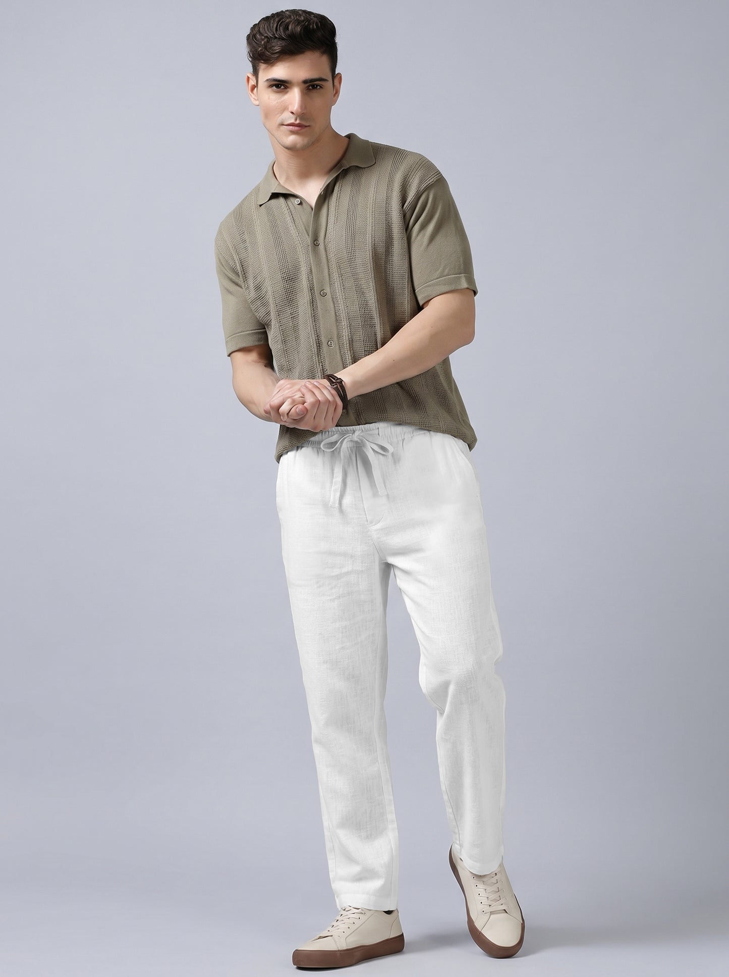 Men's Solid White Casual Cotton Linen Trousers with Drawstring