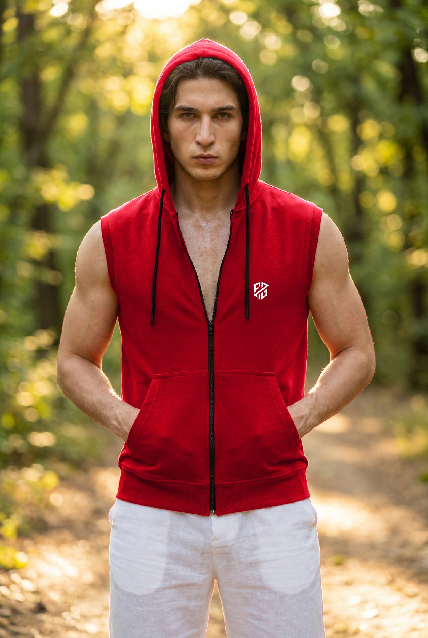 Men's Red Sleeveless Zip-Up Hoodie | Casual Gym & Sportswear Vest