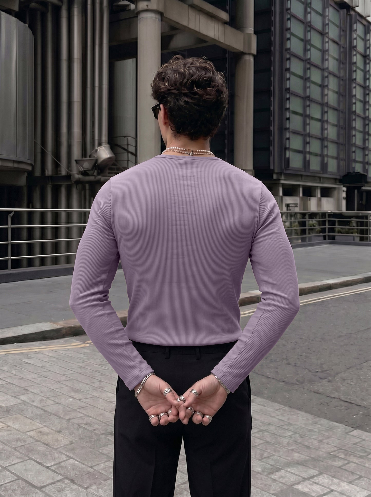 Premium Lavender Ribbed Henley Full-Sleeve T-Shirt for Men
