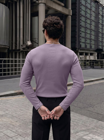 Premium Lavender Ribbed Henley Full-Sleeve T-Shirt for Men