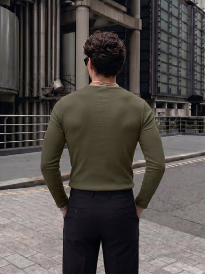 Men's Premium Olive Green Ribbed Casual Henley Shirt