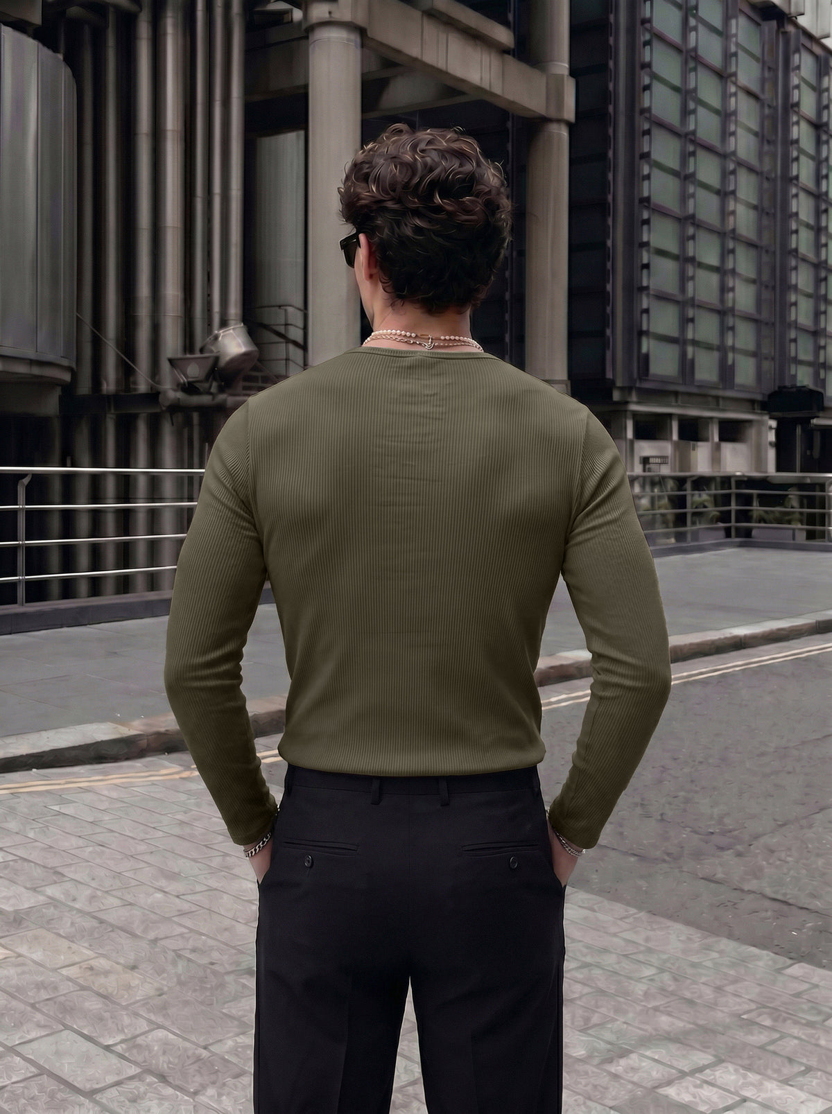 Men's Premium Olive Green Ribbed Casual Henley Shirt