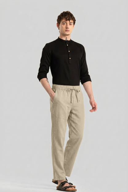 Men's Beige Casual Cotton Linen Trousers with Drawstring