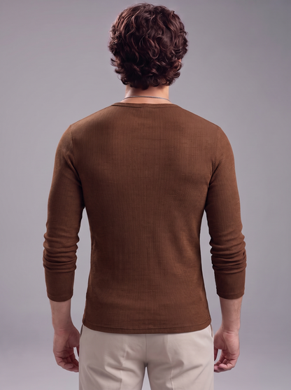 Men's Brown Waffle Knit Henley – Long Sleeve Thermal Slim Fit Top