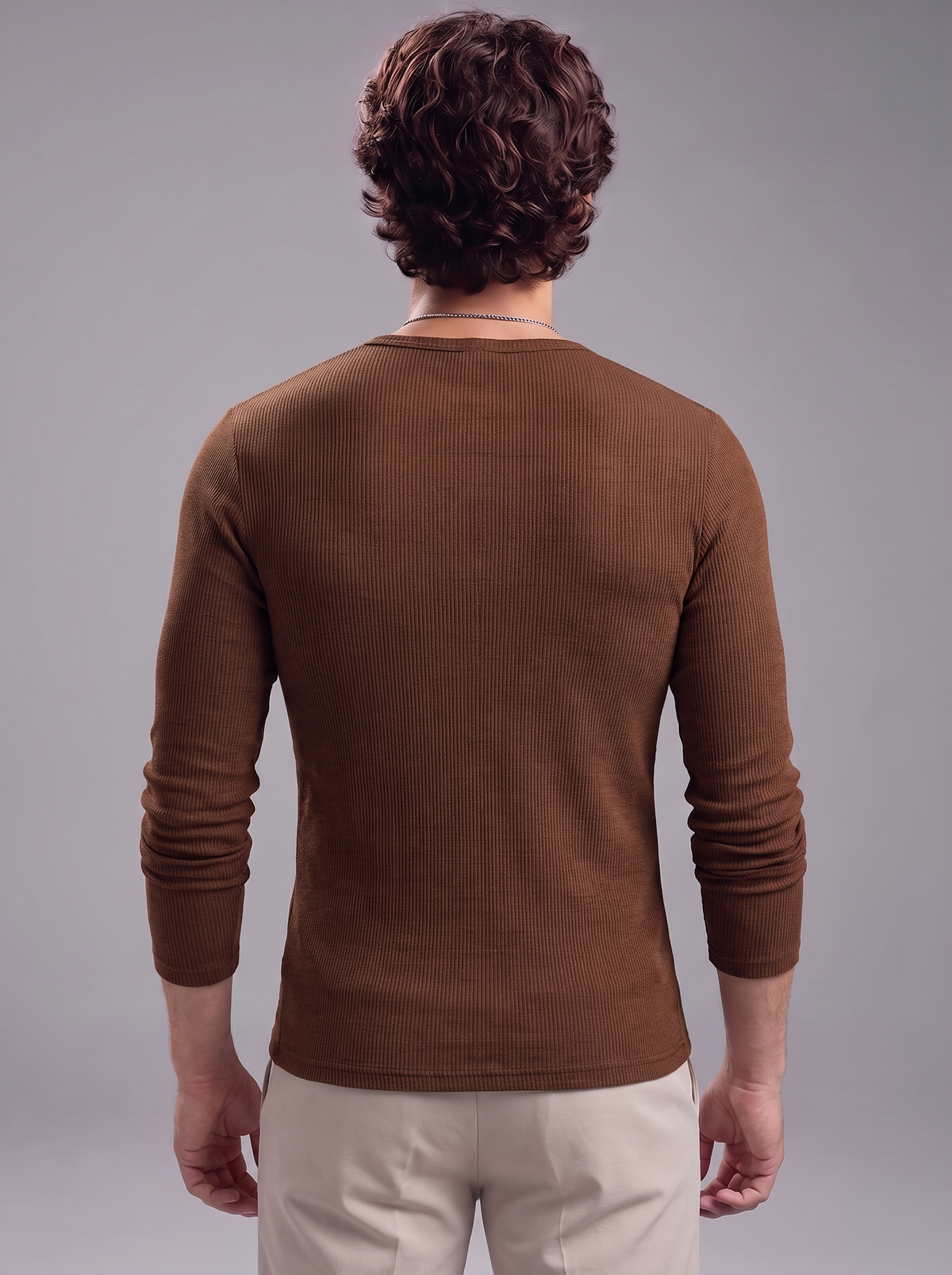 Men's Brown Waffle Knit Henley – Long Sleeve Thermal Slim Fit Top