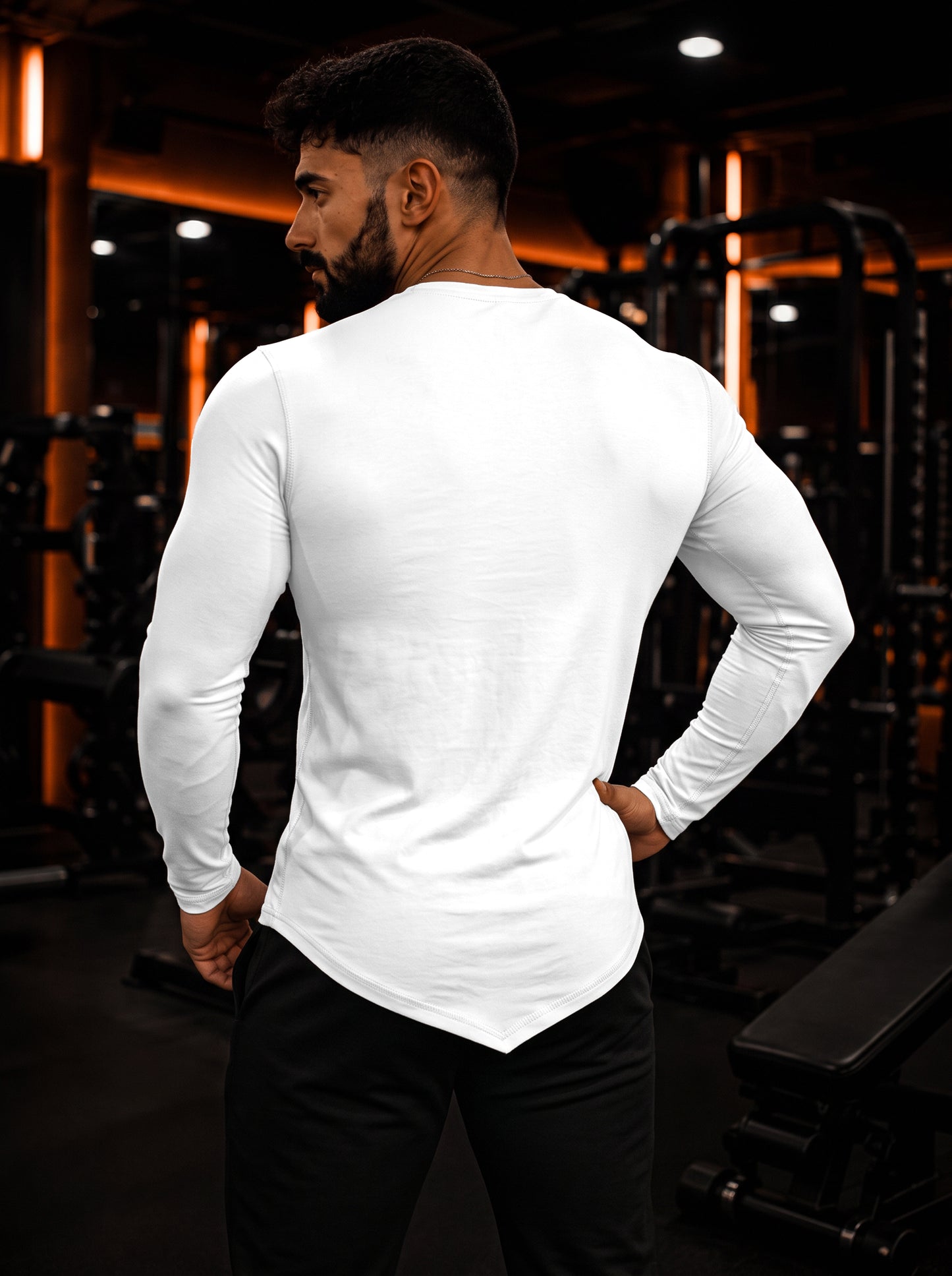 Men's White Full Sleeve Muscle-Fit Gym T-Shirt