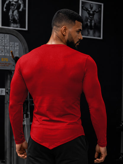 Red V-Cut Hem Slim-Fit Full Sleeve Athletic T-Shirt