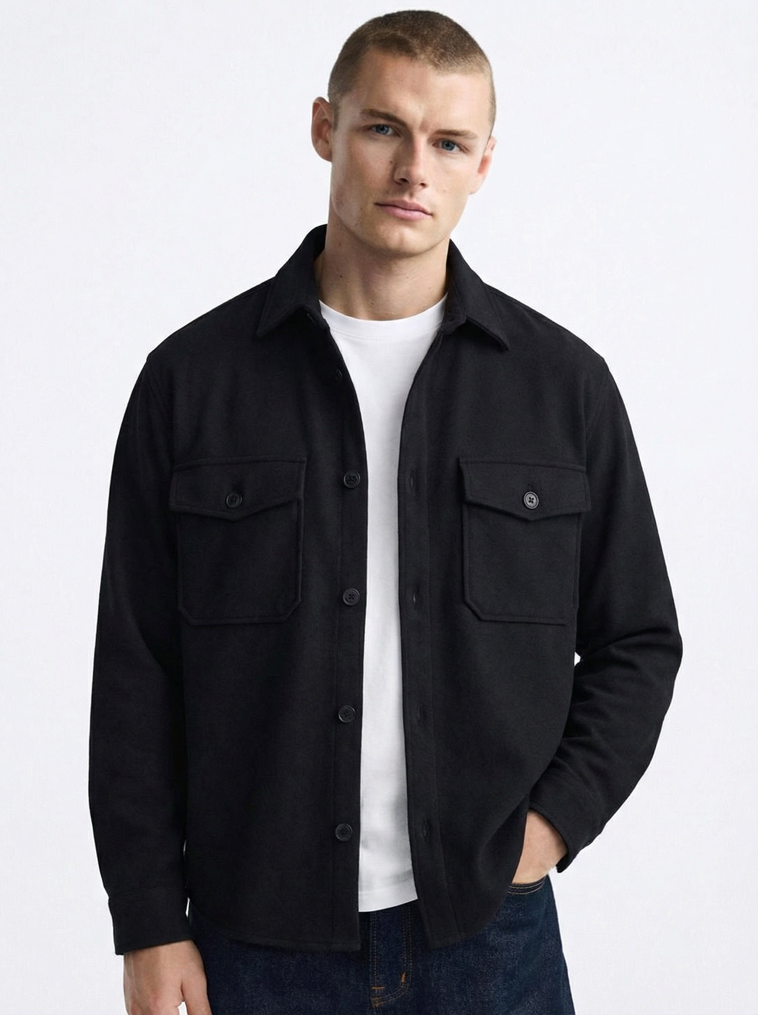 Premium Black Textured Overshirt: Relaxed Utility Fit