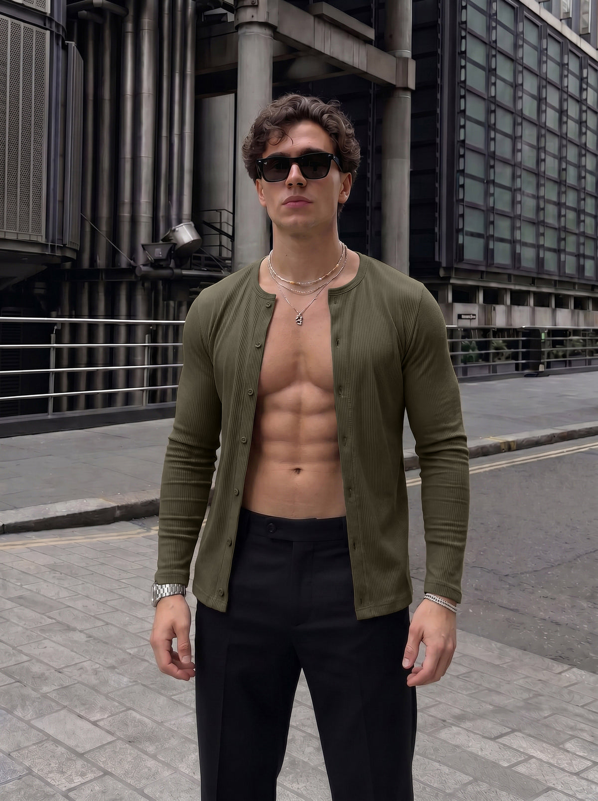 Men's Premium Olive Green Ribbed Casual Henley Shirt