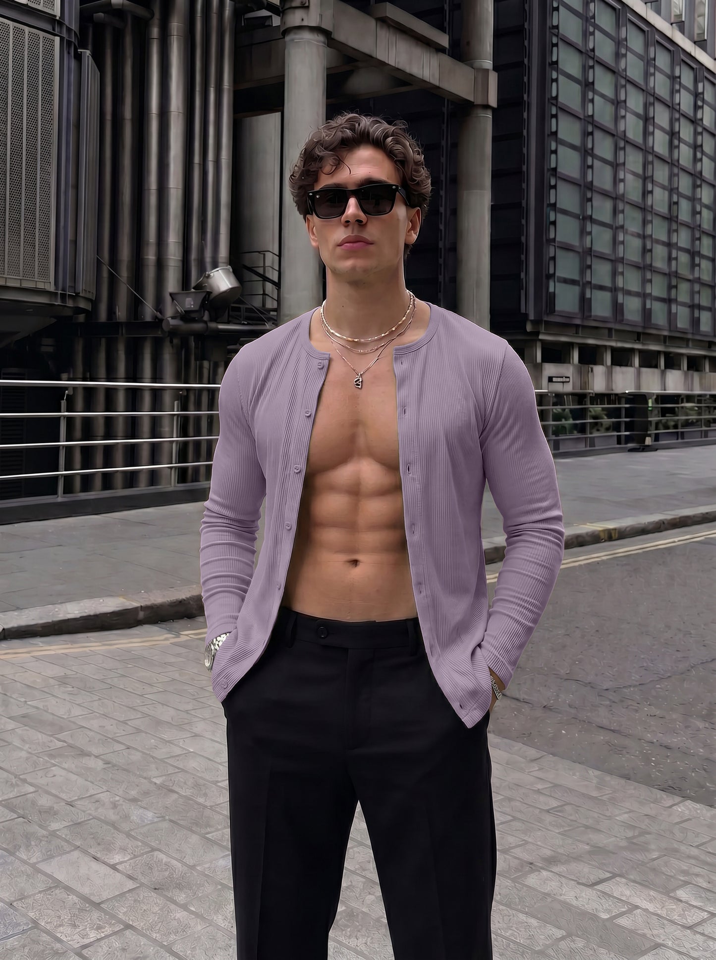 Premium Lavender Ribbed Henley Full-Sleeve T-Shirt for Men