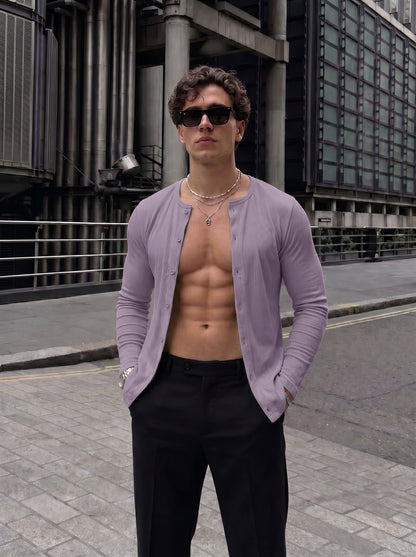 Premium Lavender Ribbed Henley Full-Sleeve T-Shirt for Men