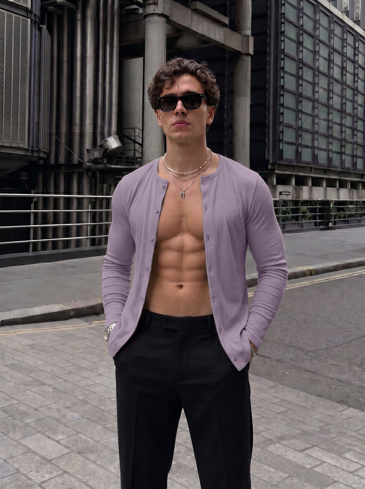 Premium Lavender Ribbed Henley Full-Sleeve T-Shirt for Men