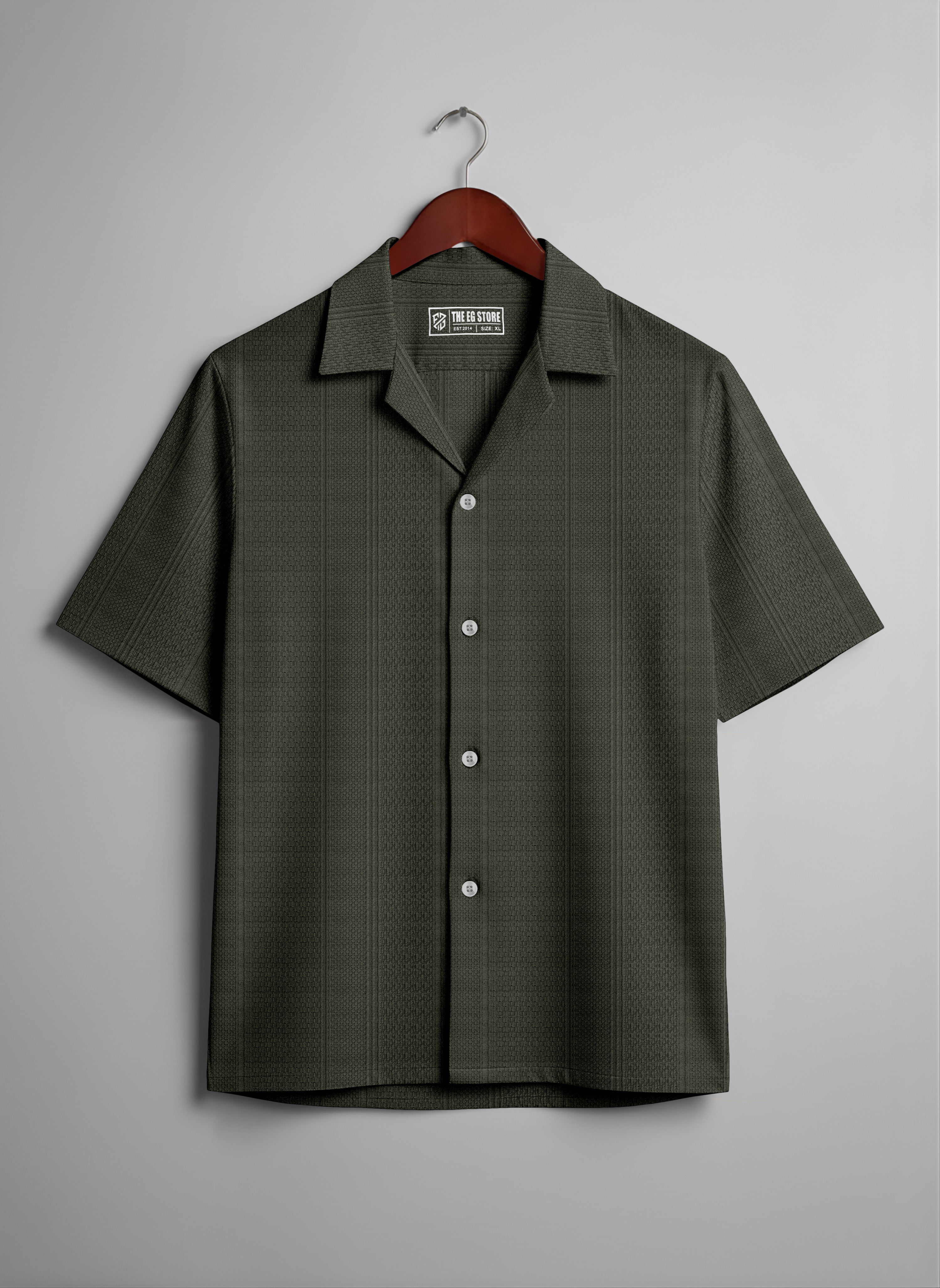 Textured Knit Relaxed Fit Cuban Collar Olive Shirt