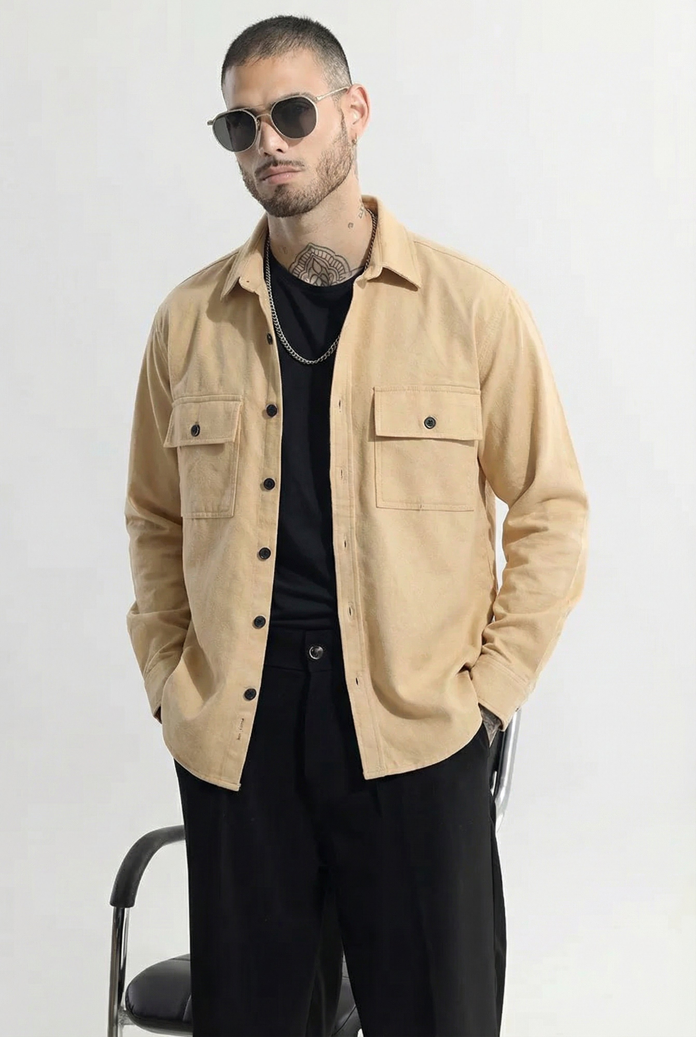 Premium Beige Overshirt Stylish : Relaxed Utility Fit