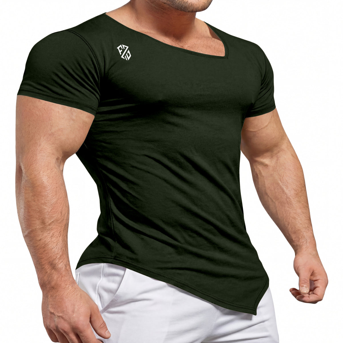 Men's Dark Green Asymmetric Hem Gym T-Shirt | Slim Fit Muscle Tee