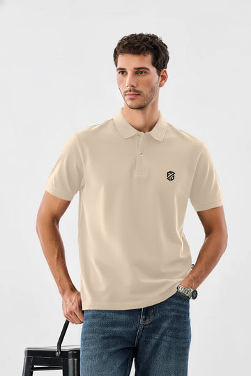 Premium Men’s Solid Beige Cotton Polo Neck T-Shirt