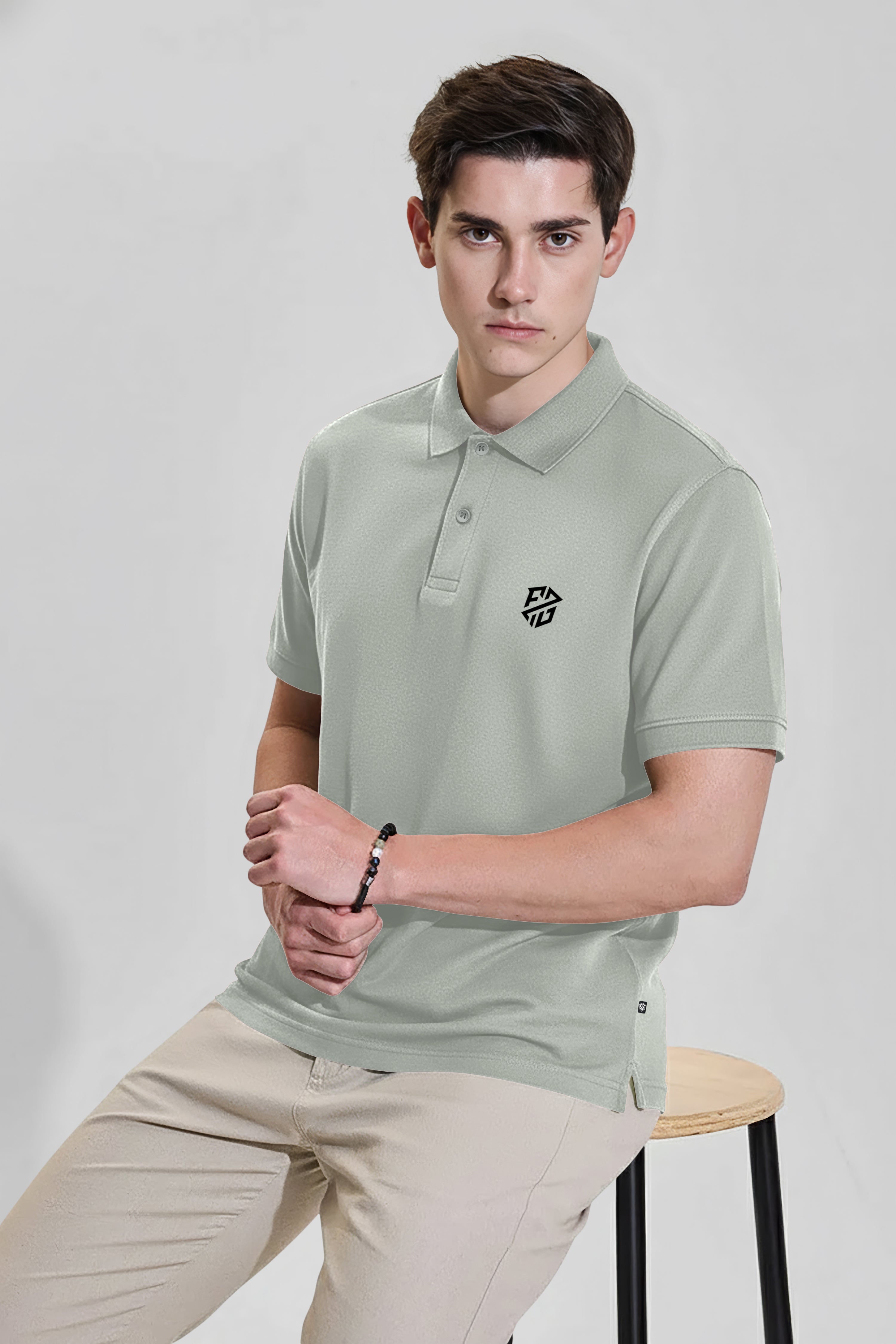 Men's Sage Grey Slim Fit Cotton Pique Polo T-Shirt