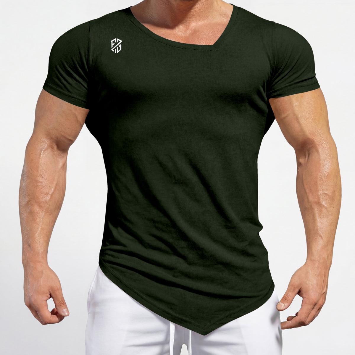 Men's Dark Green Asymmetric Hem Gym T-Shirt | Slim Fit Muscle Tee