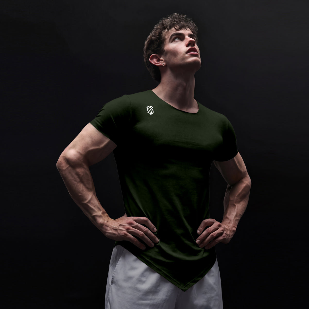 Men's Dark Green Asymmetric Hem Gym T-Shirt | Slim Fit Muscle Tee