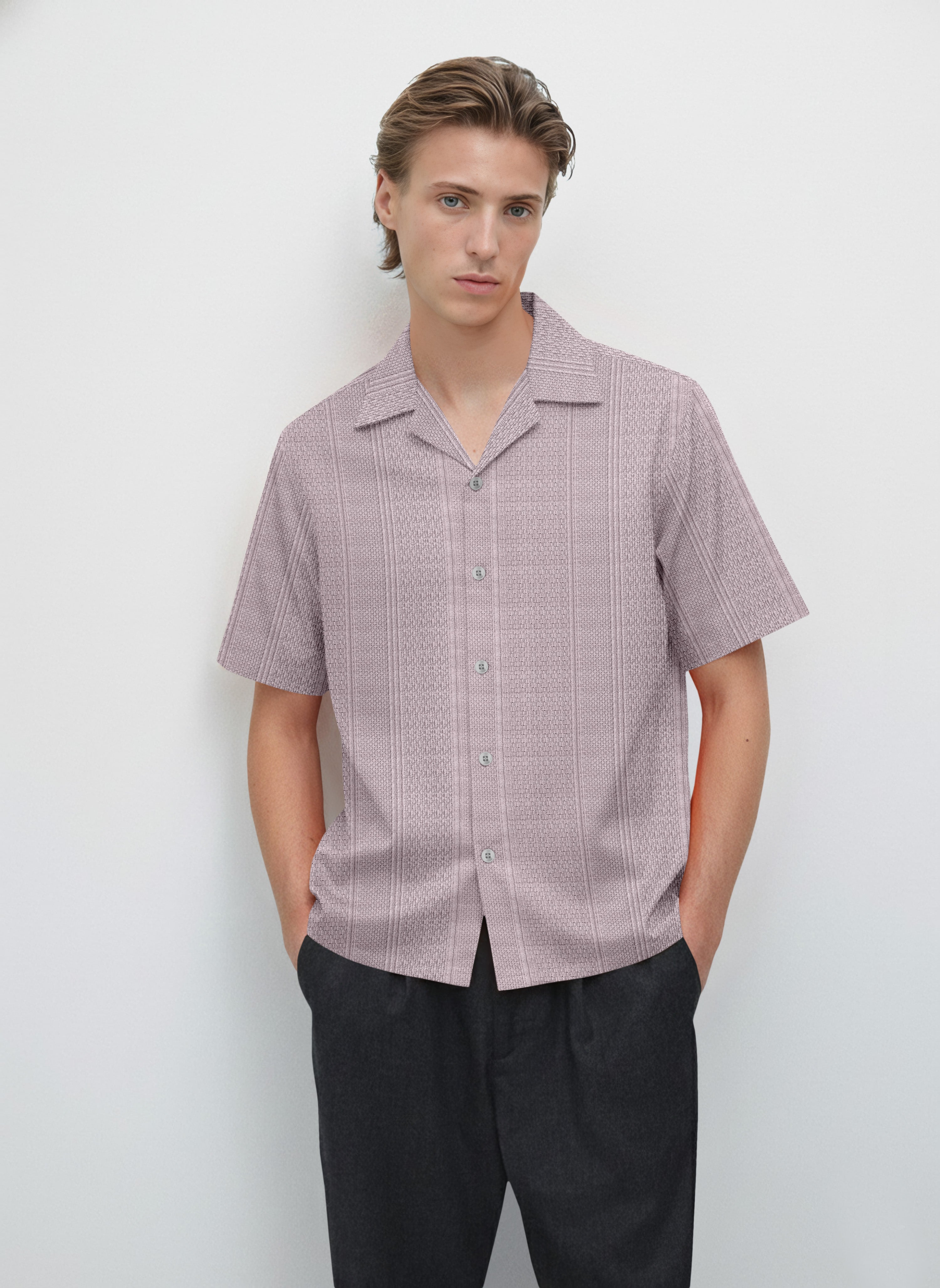 Textured Knit Relaxed Fit Cuban Collar Mauve Shirt