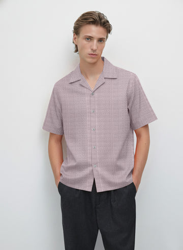 Textured Knit Relaxed Fit Cuban Collar Mauve Shirt