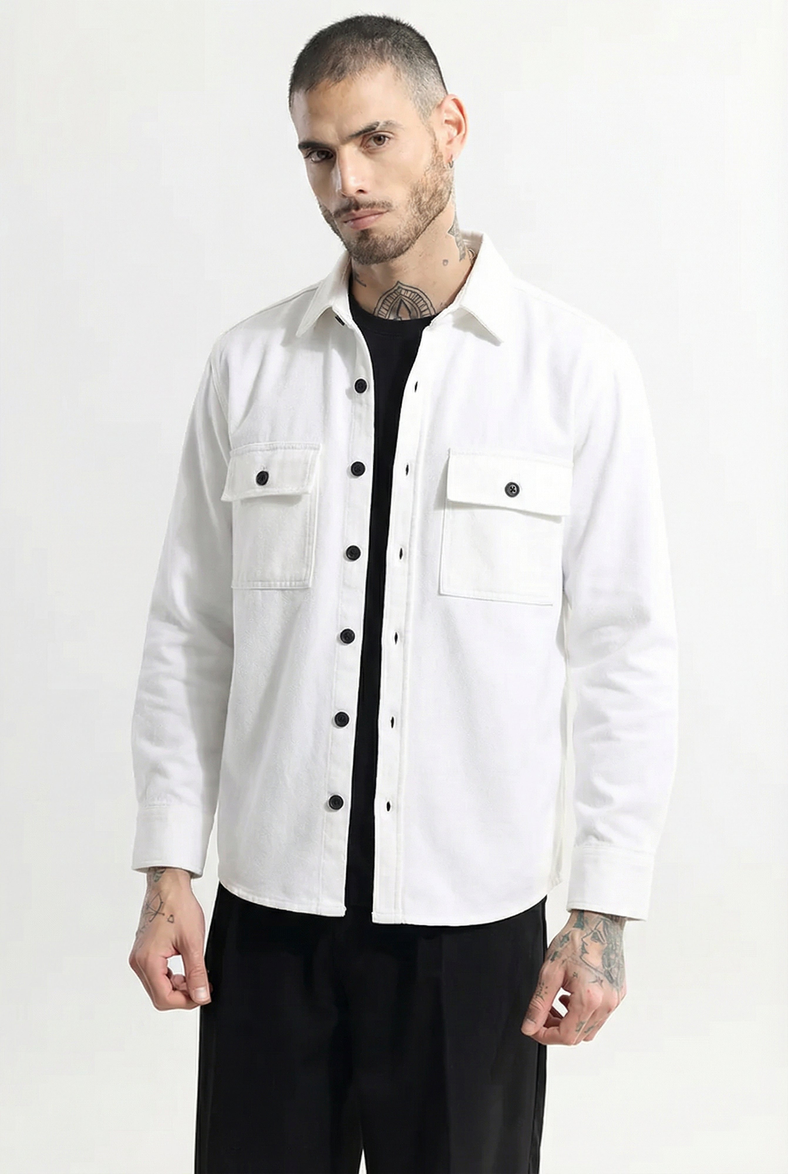 Premium White Textured Overshirt Shacket for men: Relaxed Utility Fit