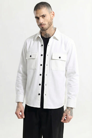 Premium White Textured Overshirt Shacket for men: Relaxed Utility Fit