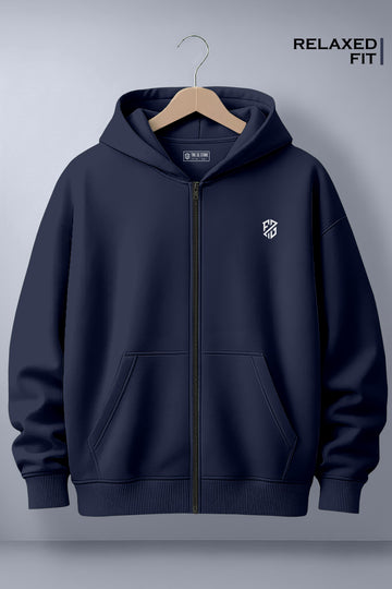 Navy Blue Full-Zip Jacket: Premium Relaxed Fit