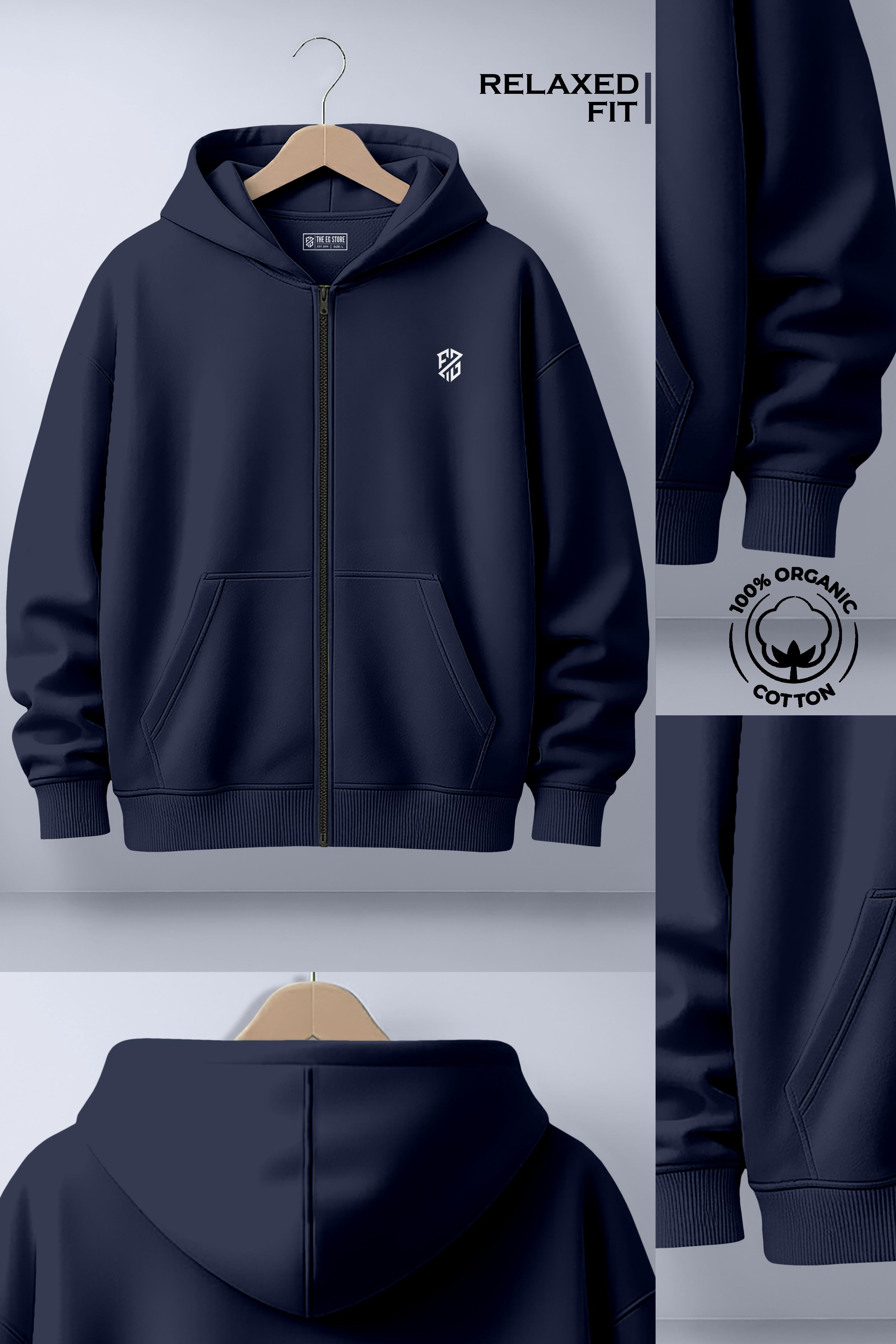 Navy Blue Full-Zip Jacket: Premium Relaxed Fit