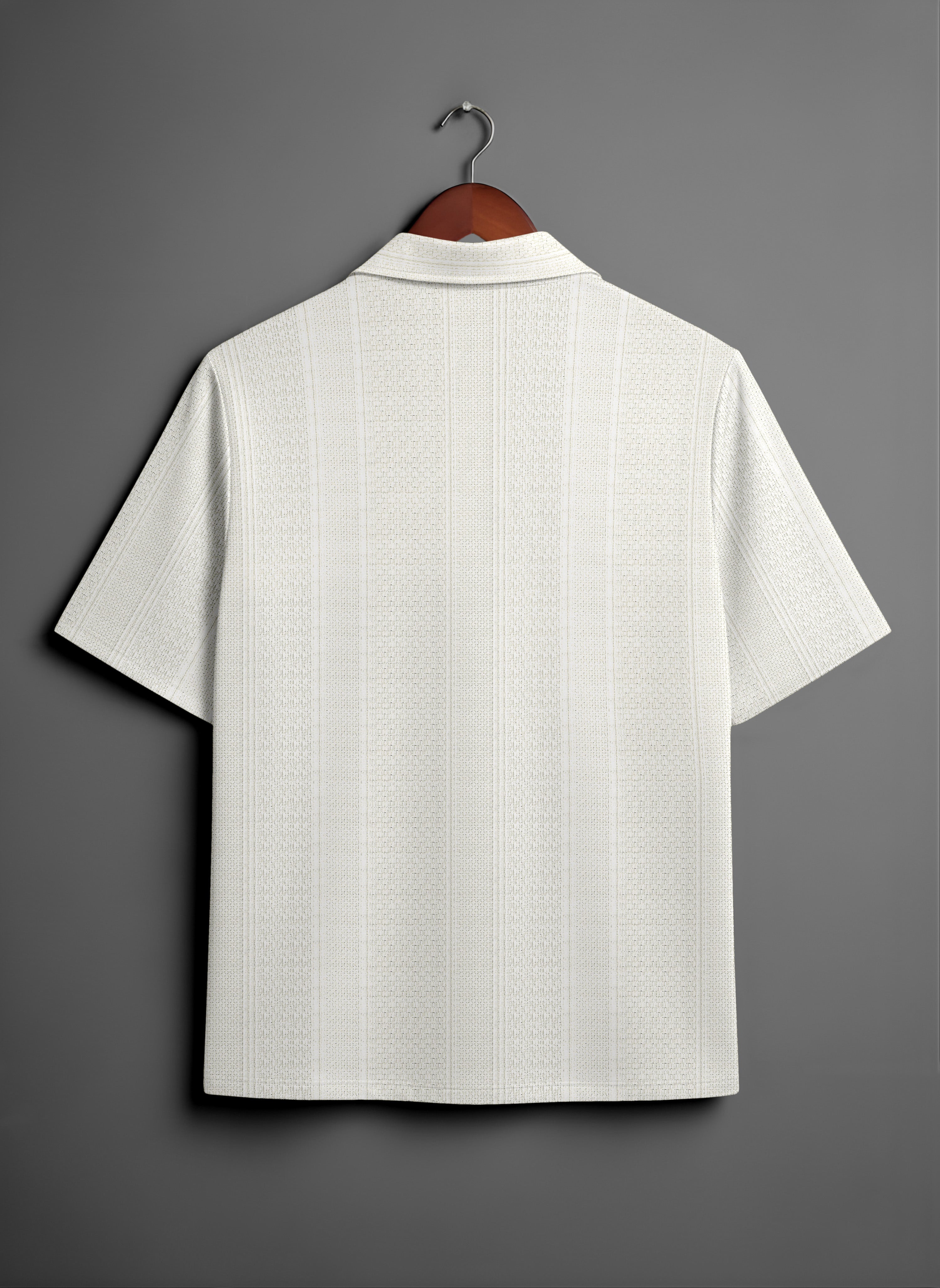 Textured Knit Relaxed Fit Cuban Collar White Shirt