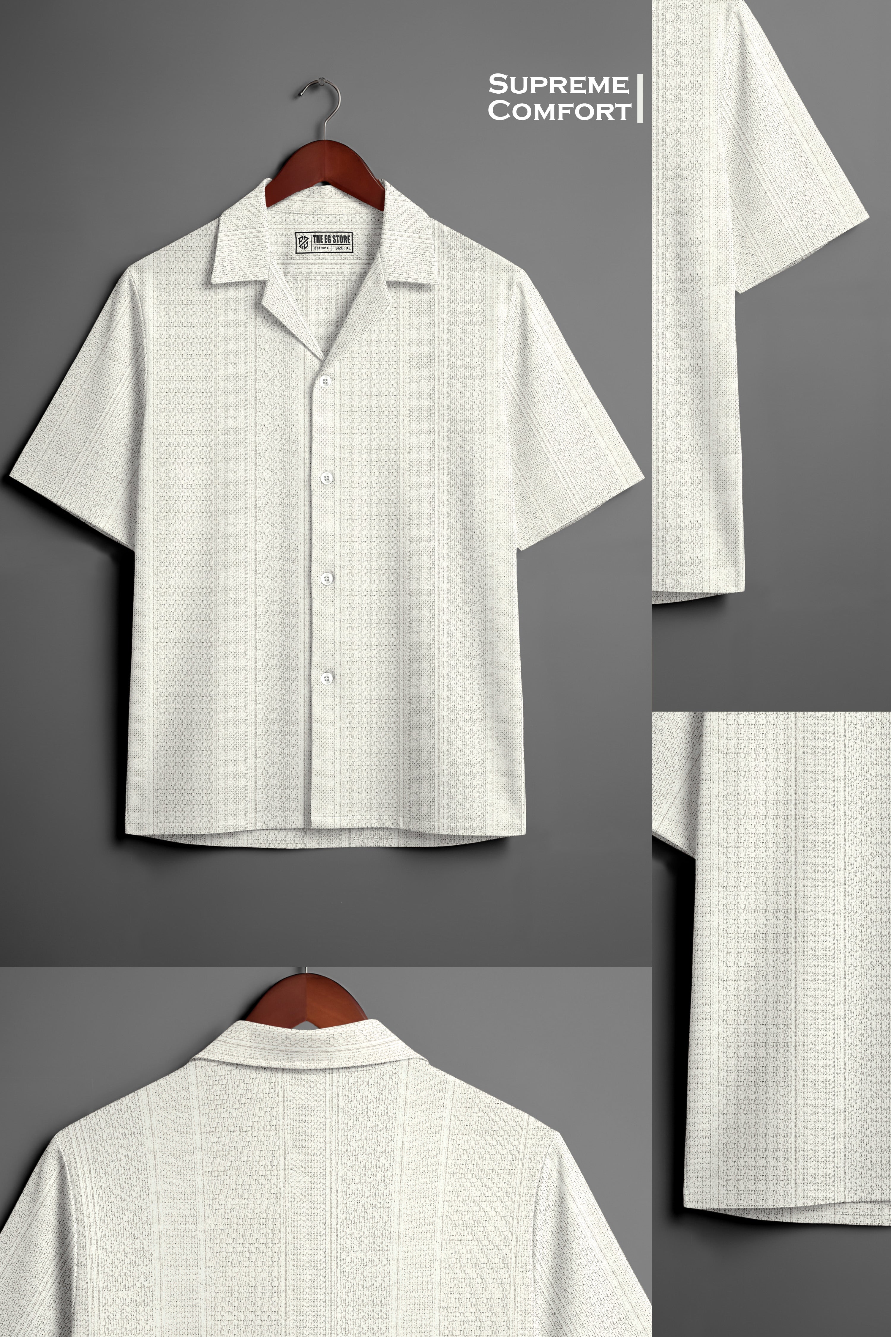 Textured Knit Relaxed Fit Cuban Collar White Shirt