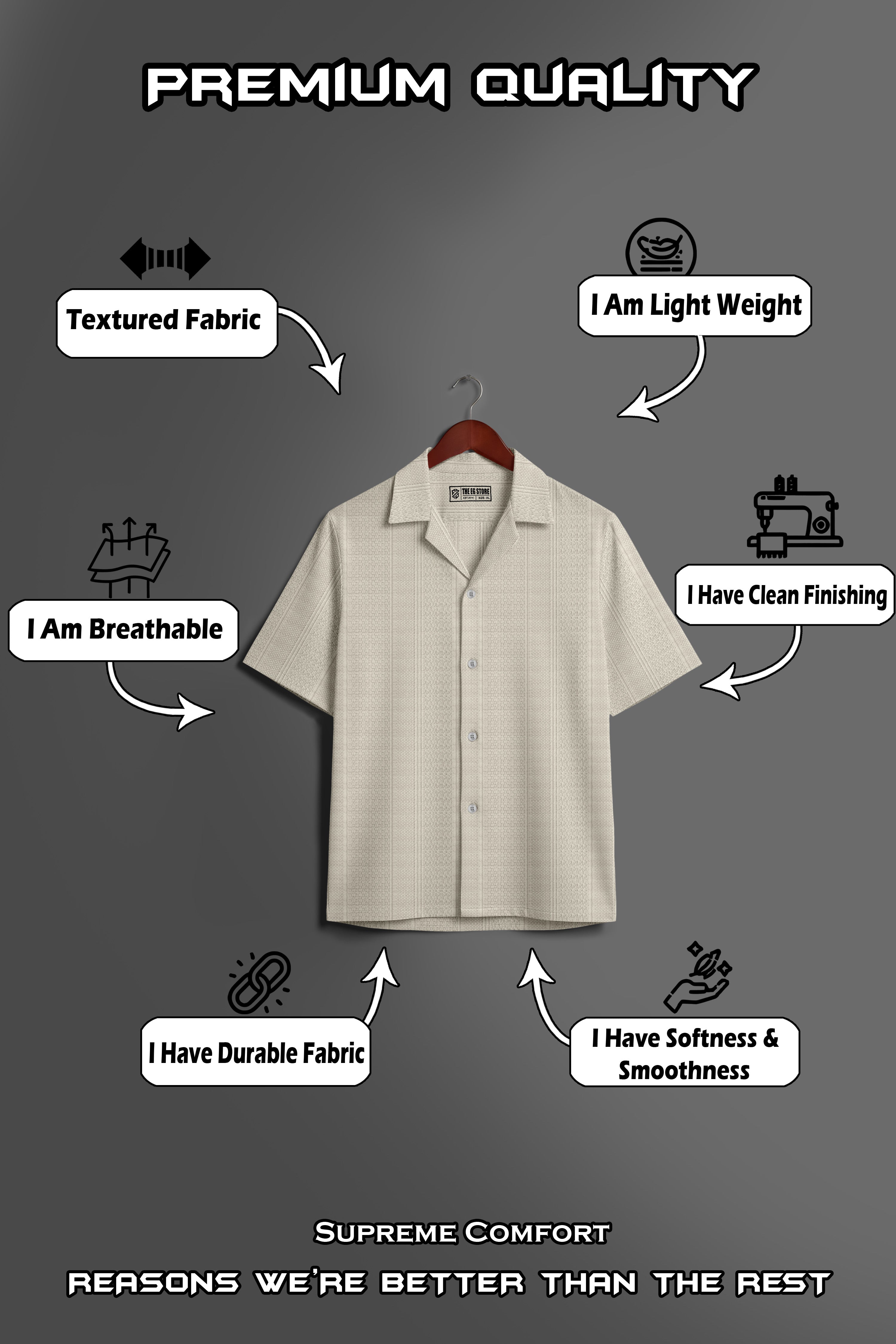 Textured Knit Relaxed Fit Cuban Collar Beige Shirt