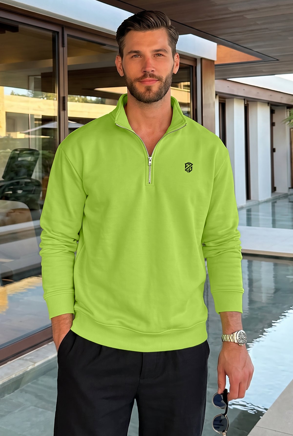 Men's Neon Green Quarter Zip Sweatshirt