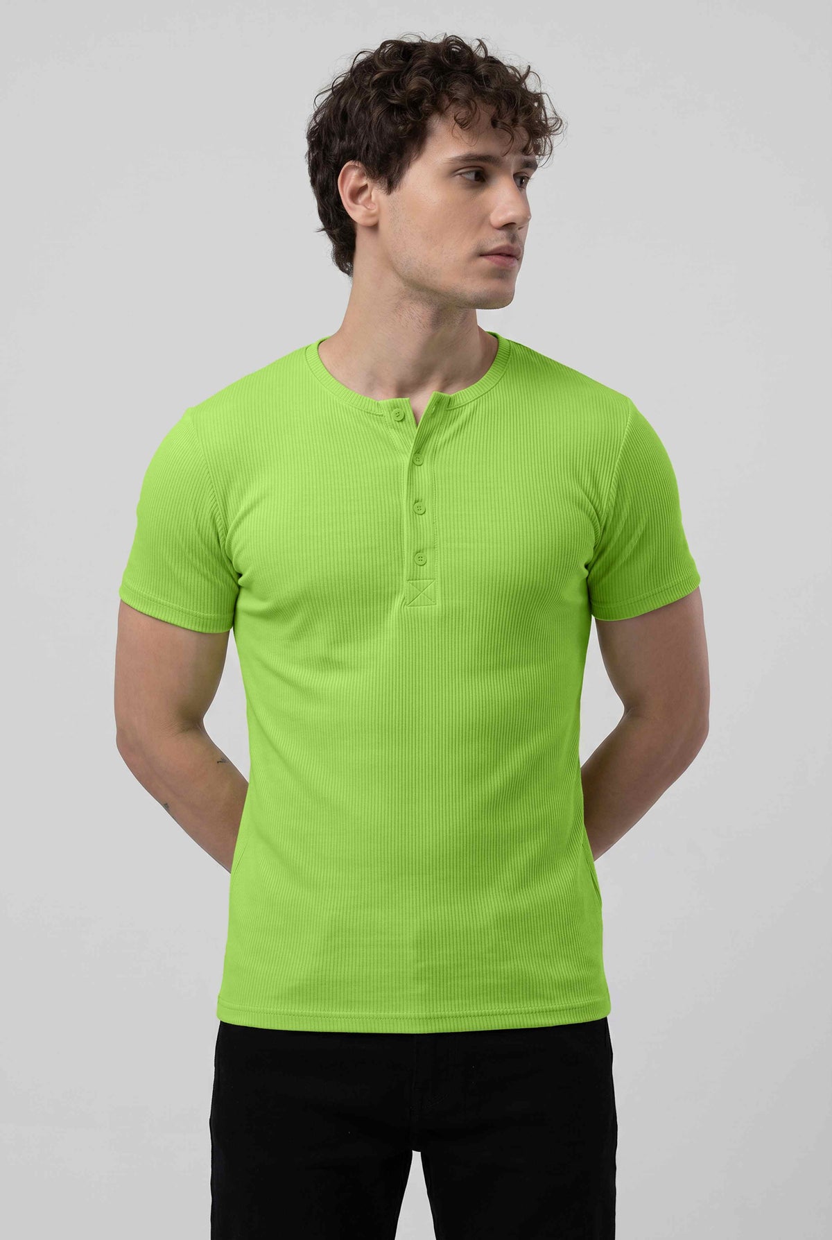 Men Solid Round Neck Button Placket Ribbed Kiwi Green Henley T-Shirt