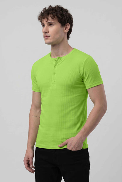 Men Solid Round Neck Button Placket Ribbed Kiwi Green Henley T-Shirt