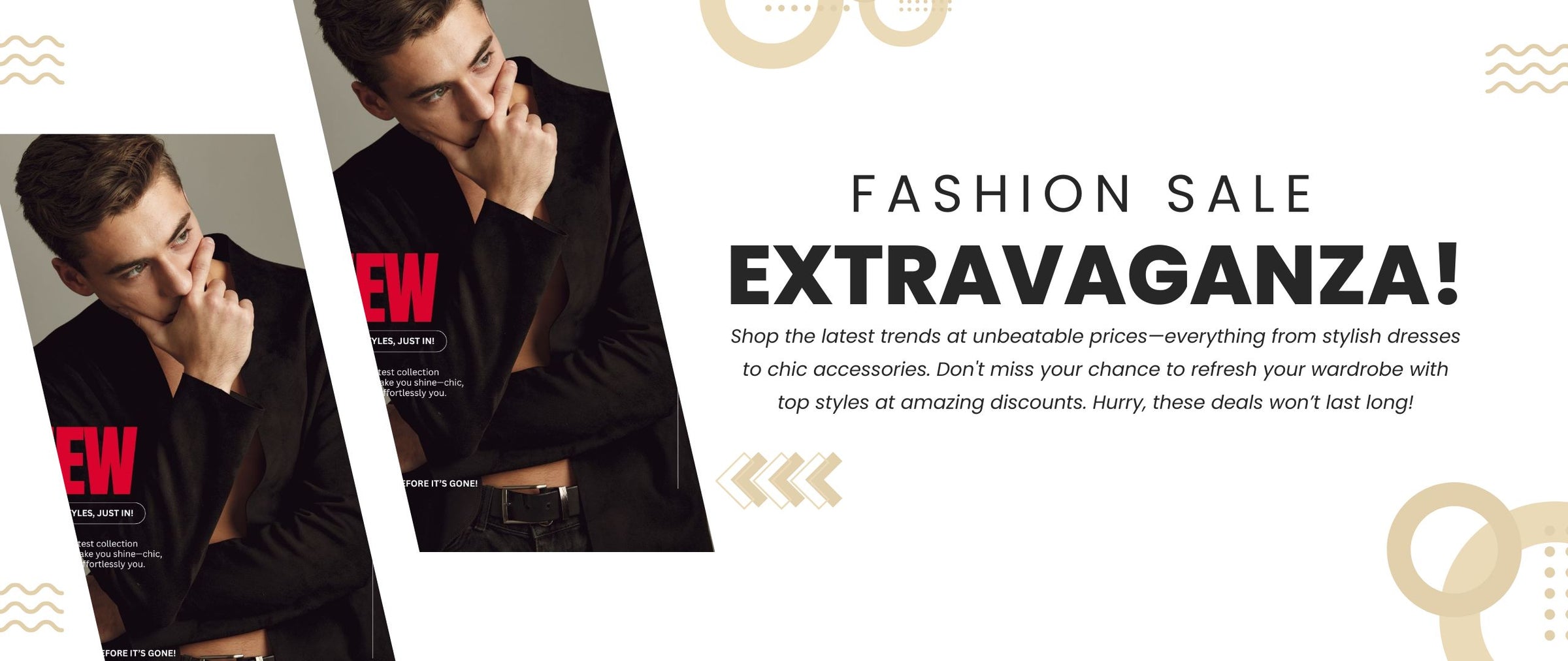 Fashion sale banner with a stylish man in a black blazer and bold 'Extravaganza' text