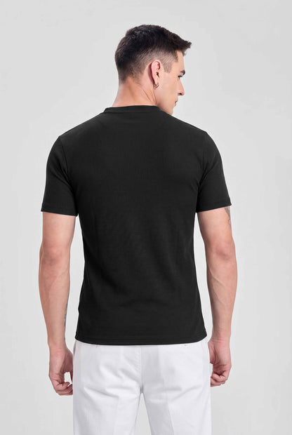Men Solid Round Neck Button Placket Ribbed Black Henley T-Shirt