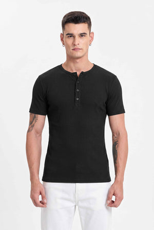 Men Solid Round Neck Button Placket Ribbed Black Henley T-Shirt